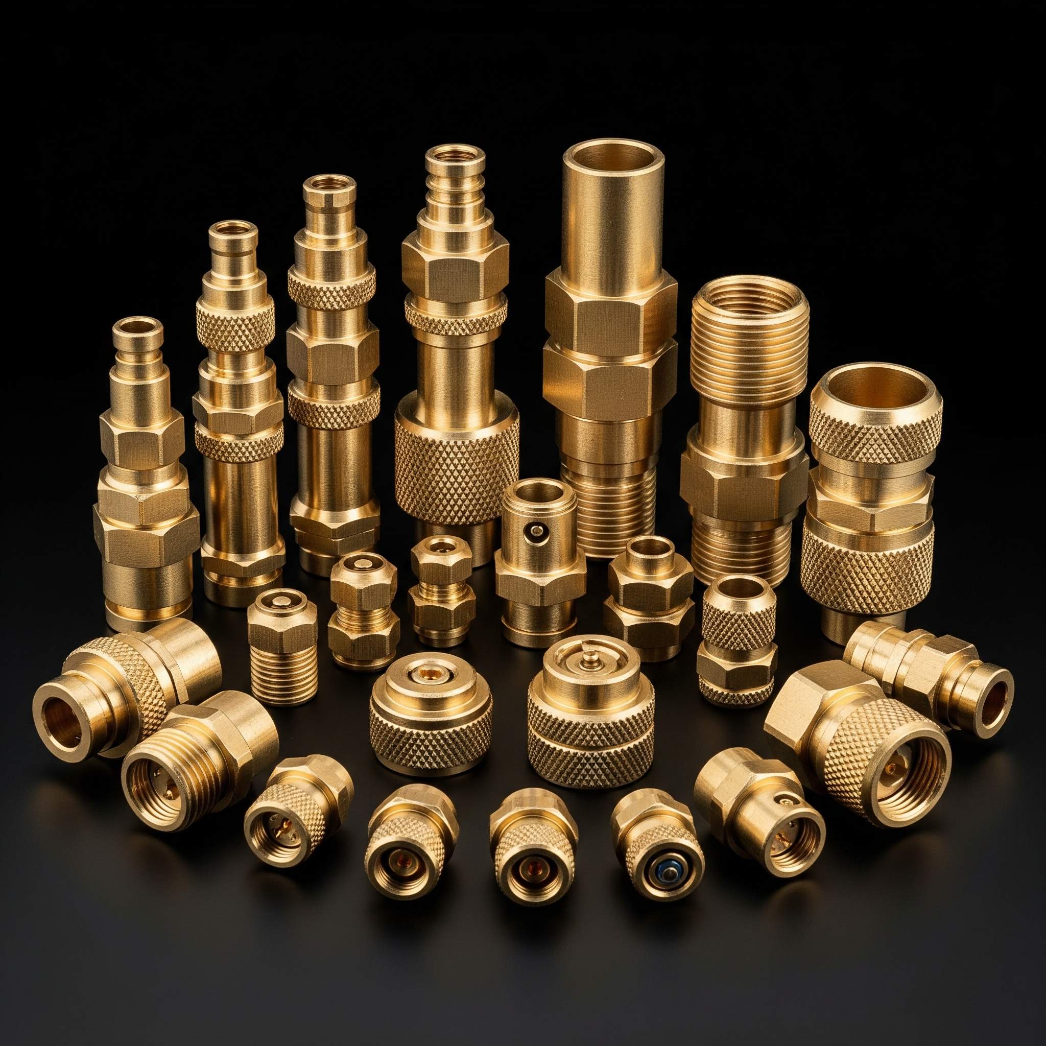 A collection of precision-machined brass electrical and pneumatic connectors.