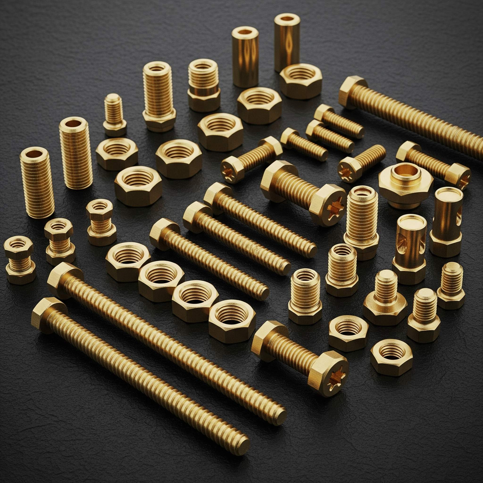 An assortment of brass screws, nuts, bolts, and standoffs.