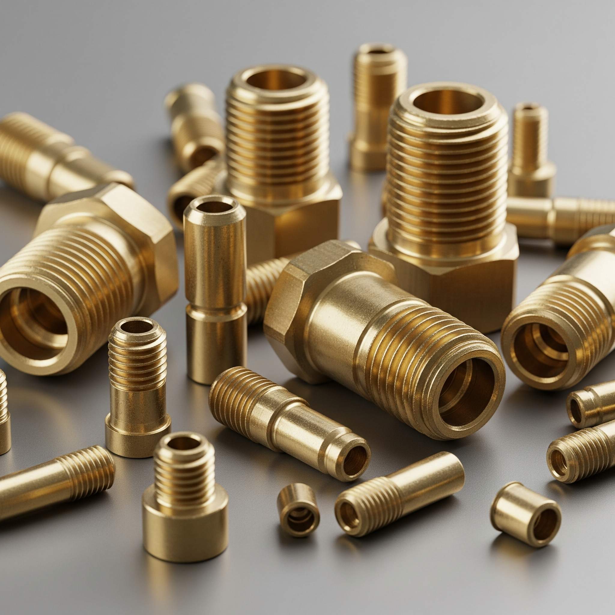 Close-up of various brass threaded inserts used in manufacturing.
